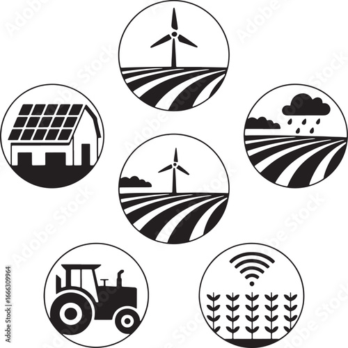 Agriculture and Renewable Energy Icons Barn Wind Turbine Rain Tractor Wi- Fi farming farm