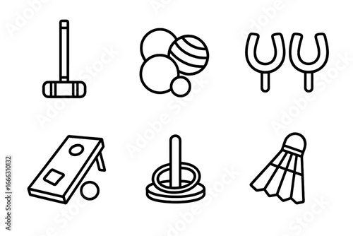 Lawn game outline icon set for summer fun. Vector collection of outdoor activities like croquet, bocce, horseshoes, cornhole, ring toss, and badminton. Simple line art.