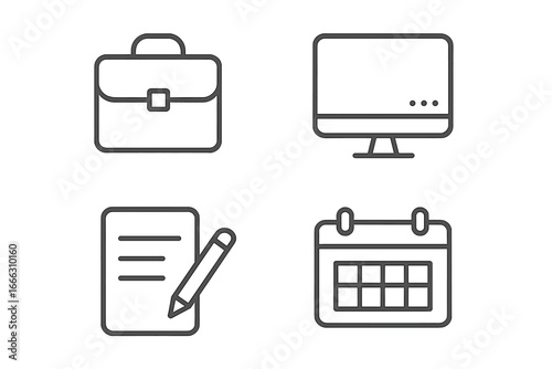 Sleek Office and Work Outline Icons Set of 4, Linear Business Symbols, Productivity Tools, Briefcase, Computer, Note and Pencil, Calendar Vector Illustration on Transparent Background