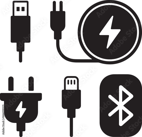 Black icons representing USB cables power plugs and Bluetooth technology electronics connection