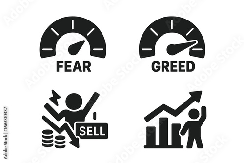 Market sentiment vector icon set. Fear and greed index meter. Investor psychology, emotion. Panic sell, bear market crash. Bull market rally, growth. Finance concept.