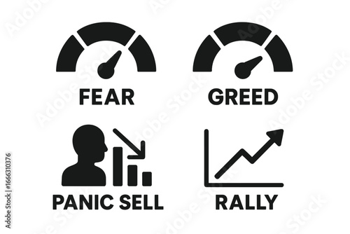 Market sentiment solid icon set. Fear and greed index meter for emotional stock trading. Investor psychology concept, panic sell, and market rally graph for finance analysis.