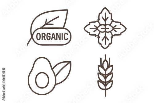 Organic Ingredients Outline Icons Set of 4 – Flat Linear Natural Culinary Symbols Including Leaf, Herb, Avocado, and Wheat Vector Illustration on Transparent Background