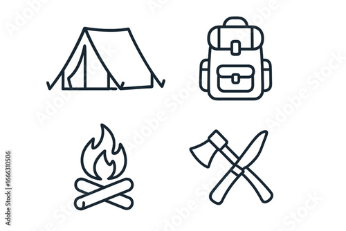 Outdoor and camping icons set of 4, outline linear adventure and survival symbols, including tent, backpack, campfire, axe and knife, vector illustration on transparent background