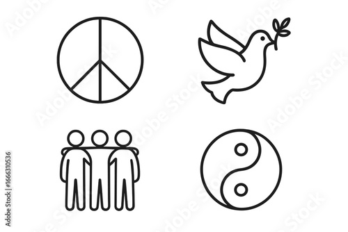 Peace and Harmony Line Icon Set of 4, Outline and Silhouette Symbols of Unity, Balance, Dove with Olive Branch, Yin Yang Harmony, and Friendship Embrace Vector Illustration
