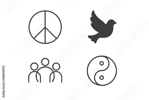 Peace and Harmony Line Icons Set of 4 - Outline and Silhouette Unity, Balance, Dove, Yin Yang, Community Symbols Vector Illustration on Transparent Background