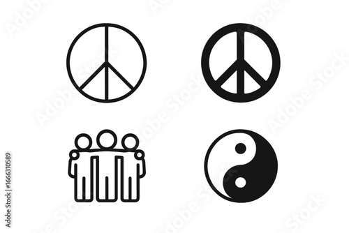 Peace and Harmony Icons Set of 4, Outline and Silhouette Unity, Balance, Yin Yang, Group People Symbols, Vector Illustration on Transparent Background