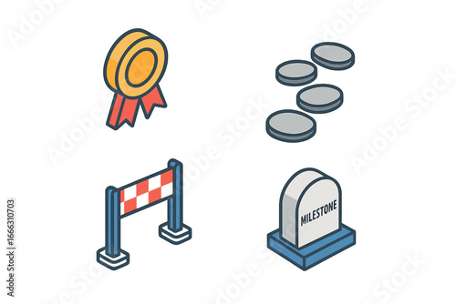 Milestone tracking isometric icons. Flat vector icon set of business project progress. Stepping stones on a path to success, finish line, goal achievement, award ribbon.