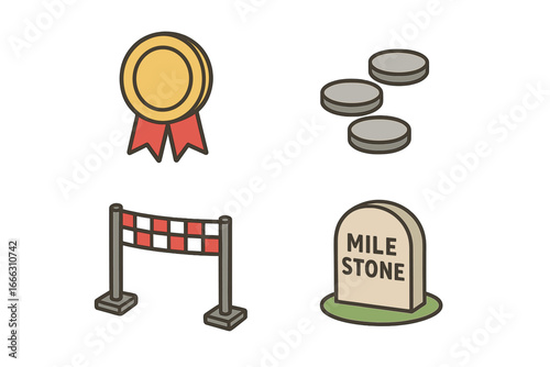 Milestone tracking isometric icon set. Vector graphics for project management, goal achievement, and success. Includes finish line, award ribbon, stepping stones, and marker.