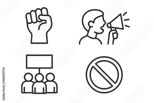 Protest and activism icons set with fist, megaphone, crowd with sign, and prohibition symbol, outline linear style, demonstration and social movement symbols, vector illustration