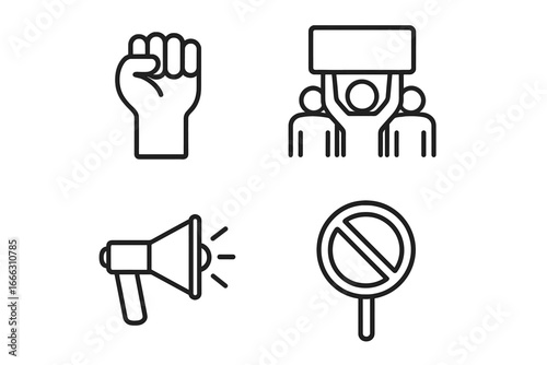 Protest and Activism Icons Set of 4 Outline Linear Demonstration Symbols Raised Fist, Crowd with Sign, Megaphone, and Protest Ban Sign Vector Illustration on Transparent Background