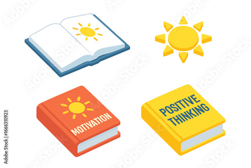 Motivation isometric icon set. Positive thinking concept. Self-help book for personal growth. Vector collection for knowledge, success, reading for inspiration and mindset improvement.