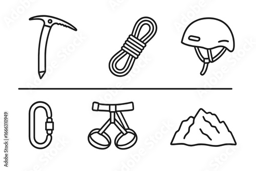 Mountaineering gear outline icon set. Alpinism and rock climbing equipment symbols. Vector line art icons of ice axe, rope, helmet, carabiner, harness and mountain peak.