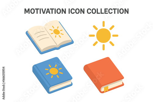 Motivation icon set. Isometric vector collection for positive thinking and self-help. Open and closed book with sun emblem, sunshine icon. Learning and knowledge concept.
