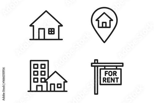 Real estate outline icons set of 4, flat silhouette property symbols, rental sign, home location pin, apartment and house vector illustration on transparent background