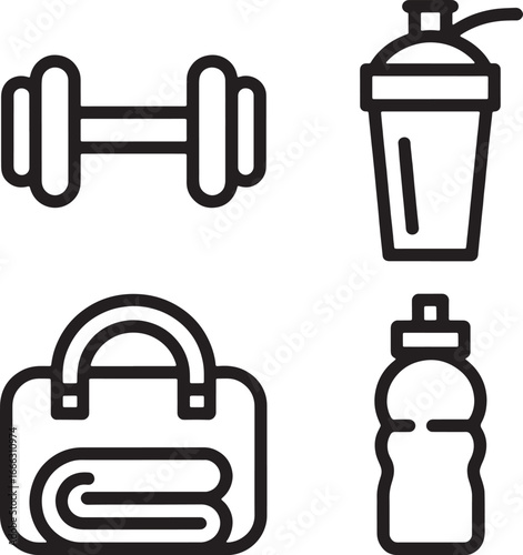 Fitness equipment icons including dumbbell sports bag shaker and water bottle workout exercise