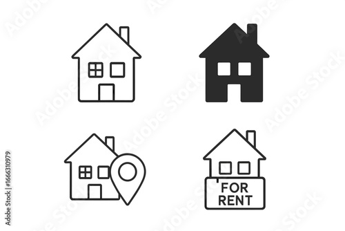 Real Estate Outline Icons Set of 4 – Flat and Silhouette Property Symbols, House for Rent, Location Marker, Residential Home Vector Illustration on Transparent Background