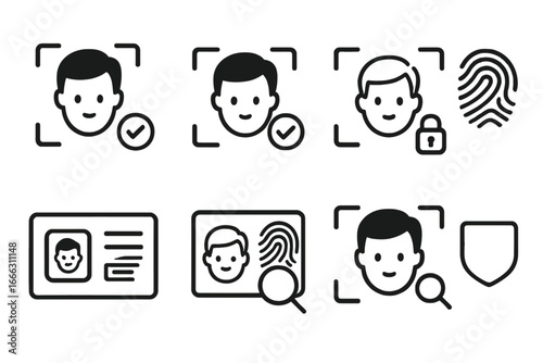 Facial recognition, biometric scan, identity verification, fingerprint authentication, security, ID card, privacy protection, biometric ID collection, vector icons set, transparent background