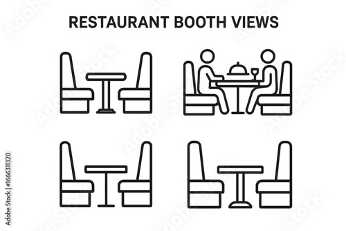 Restaurant booth seating outline icons set of 4, line art dining scene symbols, food service vector illustration on transparent background, restaurant interior design elements