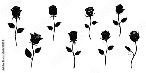 Collection of elegant black silhouette rose stems with leaves against a clean white background representing romance and beauty