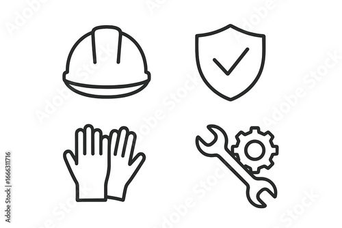 Safety and Maintenance Line Icons Set of 4 – Outline Linear Protection Symbols with Hard Hat, Gloves, Shield Checkmark, Wrench and Gear Vector Illustration on Transparent Background