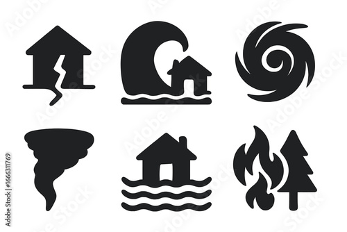 Natural disaster solid icon set. Catastrophe symbols for earthquake, tsunami, hurricane, tornado, flood, wildfire. Emergency weather warning signs. Vector glyph collection.