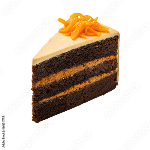 Slice of rich chocolate orange cake with orange zest-infused frosting, garnished with candied orange peel, isolated PNG