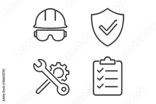 Safety and Maintenance Line Icons Set, Four Outline Vector Symbols for Protection, Security, Tools, and Checklist on Transparent Background, Linear Design