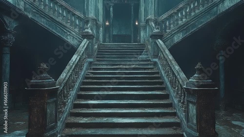 Creeping Forward Through a Dark, Flooded Foyer Towards a Grand, Ominous Staircase