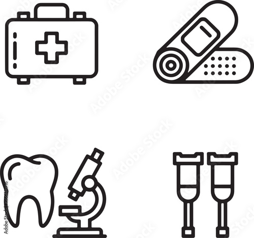Medical icons including first aid kit bandage tooth microscope and crutches health healthcare