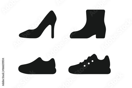 Shoe silhouette icon set featuring high heels, boots, sneakers, and casual shoes in solid black vector style, versatile cartoon footwear illustrations with transparent background, ordered set
