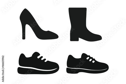 Shoe silhouette icon set including high heels, ankle boots, running sneakers, and casual shoes in solid black vector style with transparent background, fashion footwear collection