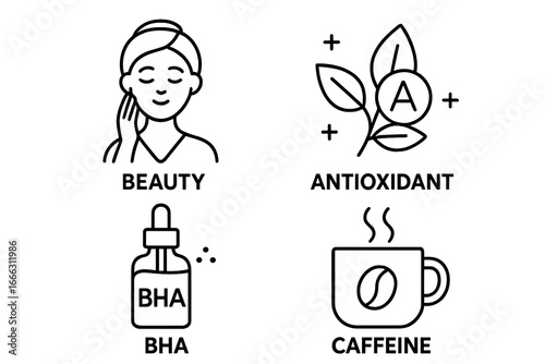 Skin Care Routine Icon Set with Beauty, Antioxidant, BHA, Caffeine Symbols in Outline Style, Vector Cartoon Illustration on Transparent Background, Skincare Essentials