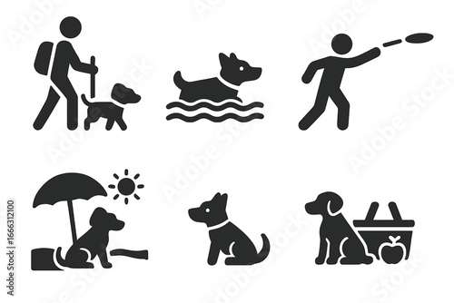 Pet activity solid icon set. Man with dog hiking, swimming, playing frisbee. Summer vacation pictogram collection with puppy on a beach, picnic basket. Vector glyphs.