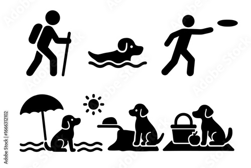 Solid Pet Activity Icon Set—Vector Illustrations of Dog Hiking, Swimming, Playing Frisbee, Beach Scene, Picnic, Outdoor Leisure, Travel, and Recreation Activities—Filled Style Graphic Elements