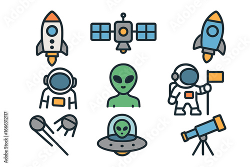 Space exploration icon set with rockets, satellites, astronauts, aliens, telescopes, UFOs, and space crafts in cartoon vector style with transparent background, ordered collection