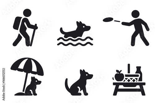 Pet activity solid icon set. Vector glyph pictograms of outdoor recreation with a dog. Man hiking, puppy swimming, playing frisbee, dog on a beach, picnic in a park.