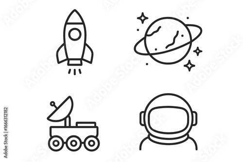 Space exploration line icons set of 4, outline linear astronomy and space mission graphics, rocket ship, planetary system, rover vehicle, astronaut helmet vector illustration on transparent background