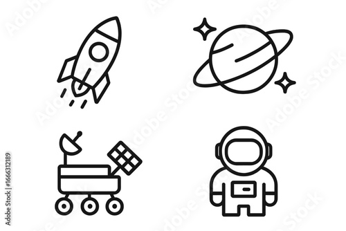 Space exploration line icons set including rocket launch, planet with stars, Mars rover, and astronaut suit; linear outline vector graphics for astronomy and space missions