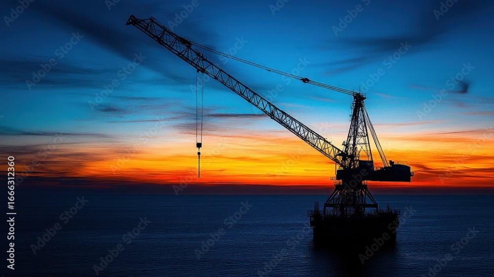 Silhouette of crane at sunset over ocean Silhouette of crane at sunset over ocean