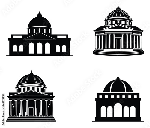 Collection of four stylized silhouette illustrations of grand classical architecture buildings with domes and columns