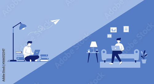 Illustration depicting remote work, with two individuals using laptops in different home environments.