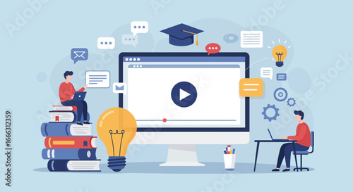 Online education illustration with people, computer, books, and graduation cap.