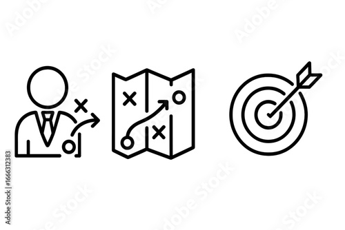 Strategy and planning line icon set with business person, strategic map, and target arrow icons, vector cartoon illustration with transparent background, ordered icons collection for business concept