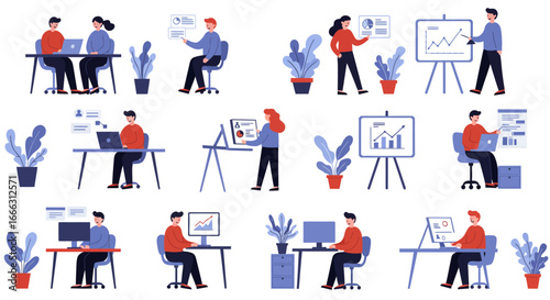 Flat design illustrations of people working in an office, collaborating, analyzing data, and giving presentations in various business scenarios.