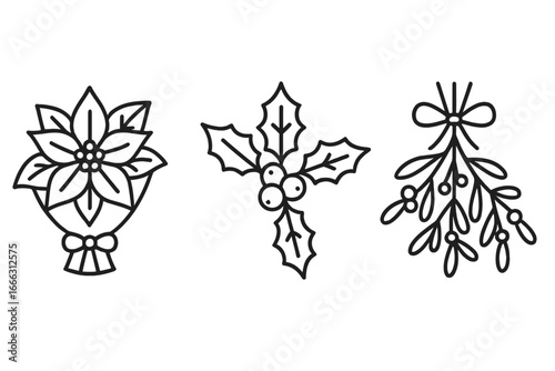 Seasonal Floral Icons Outline Vector Set of Festive Arrangements Poinsettia Bouquet Holly Sprig Mistletoe Bunch Winter Holiday Decorations Transparent Background