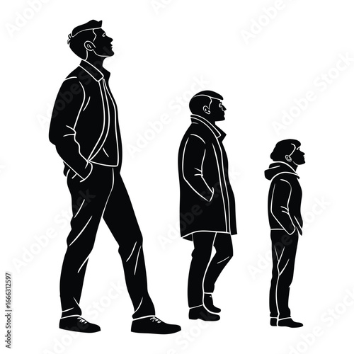Silhouetted figures of a tall man a medium height person and a short person standing in a line looking up