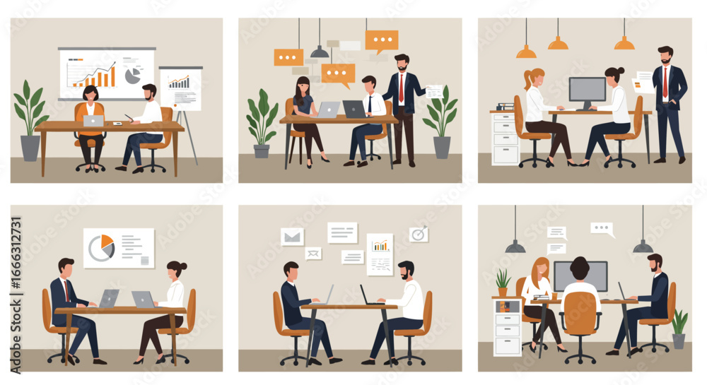 Obraz premium Collage of office scenes depicting meetings, presentations, and collaborative work among professionals in a modern workspace.
