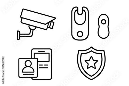 Security Icon Set Outline Vector, Surveillance Camera, Security Tag Remover, Badge Scanner, Security Shield Symbol for Loss Prevention and Protection Design