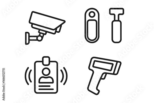 Security Icon Set Outline Vector Collection with Surveillance Camera, Security Tag Remover, Badge Scanner, and Identification Badge Scanner for Loss Prevention and Access Control